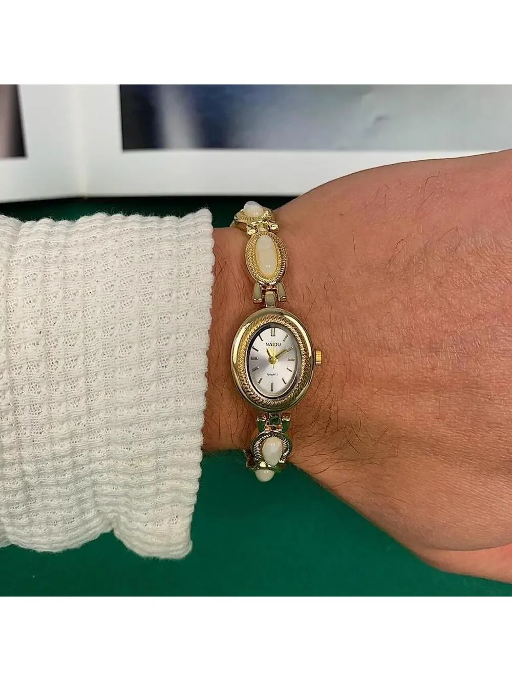 Y2K Gold Dainty Quartz Opal Jade Watch 8 Inch Unisex